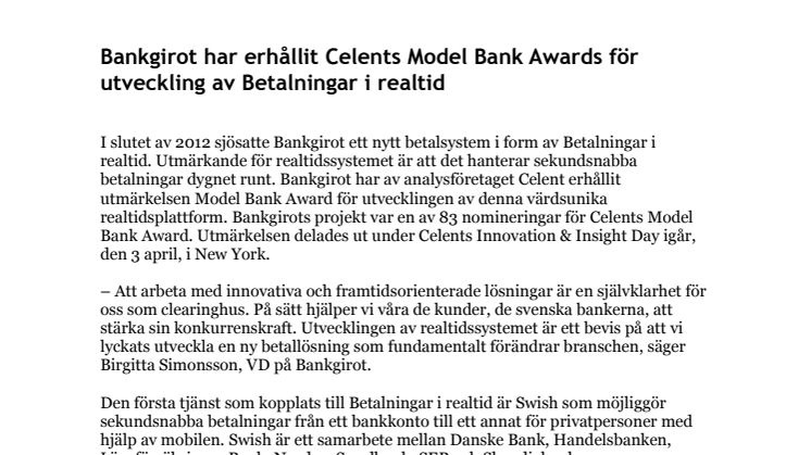 Bankgirot har erhållit Celents Model Bank Awards för utveckling av Betalningar i realtid