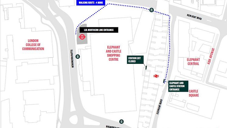 The new walking route for Thameslink passengers connecting with the Northern line at Elephant & Castle, from 24 September 2020