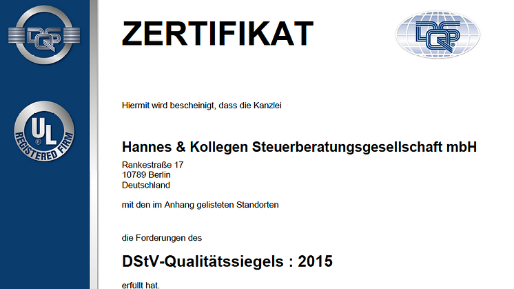 Zertifikat der DQS und das DStV-Qualitätssiegel 2020 erneuert.