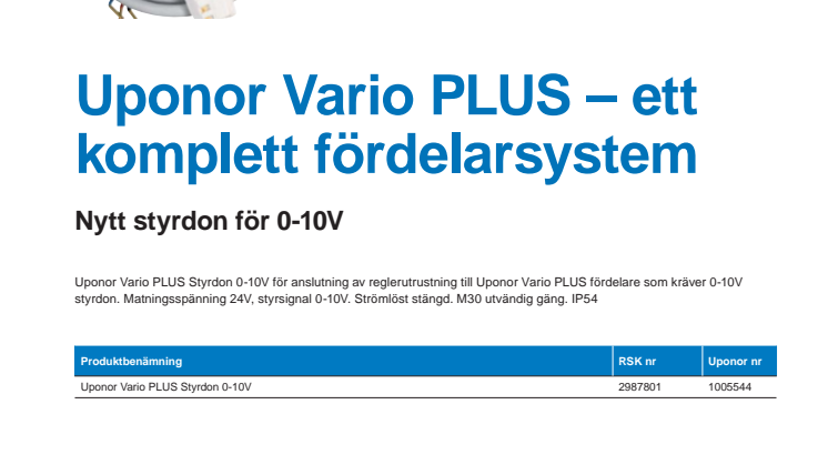 Uponor Vario PLUS - Nytt styrdon för 0-10V