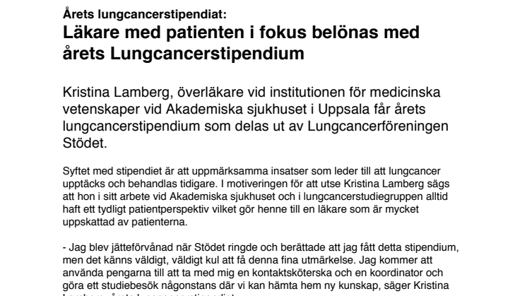 Årets lungcancerstipendiat: Läkare med patienten i fokus belönas med årets Lungcancerstipendium