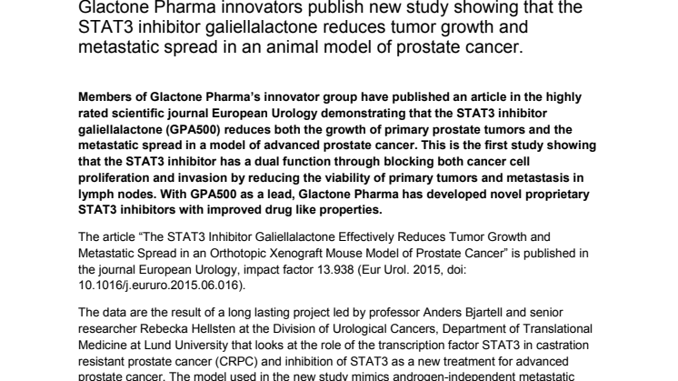 Glactone Pharma innovators publish new study showing that the STAT3 inhibitor galiellalactone reduces tumor growth and metastatic spread in an animal model of prostate cancer