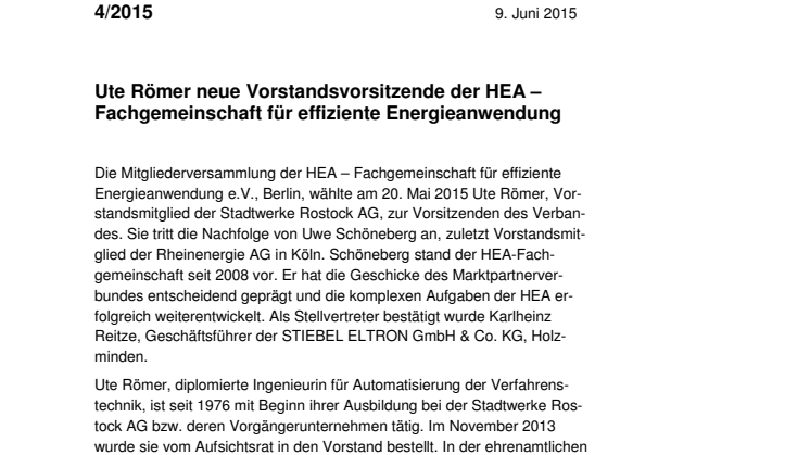 Ute Römer neue Vorstandsvorsitzende der HEA – Fachgemeinschaft für effiziente Energieanwendung