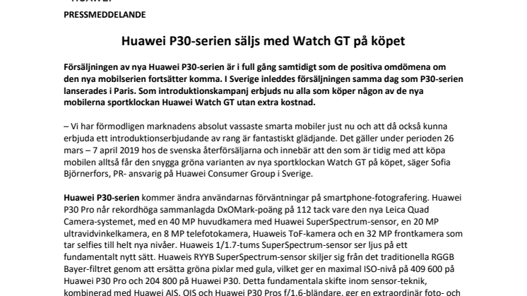 Huawei P30-serien säljs med Watch GT på köpet 