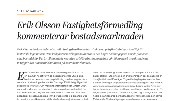 Erik Olsson Fastighetsförmedling kommenterar bostadsmarknaden 18 februari 2019