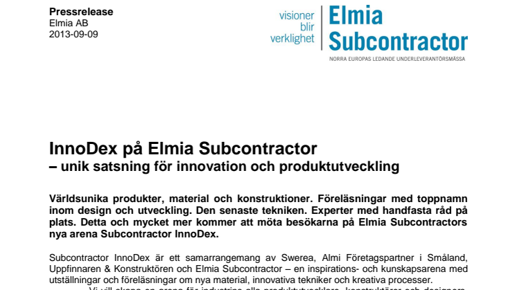 InnoDex på Elmia Subcontractor  – unik satsning för innovation och produktutveckling