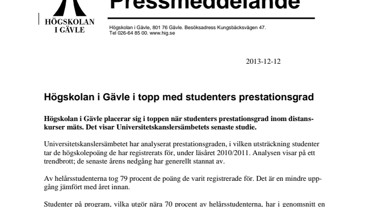 Högskolan i Gävle i topp med studenters prestationsgrad