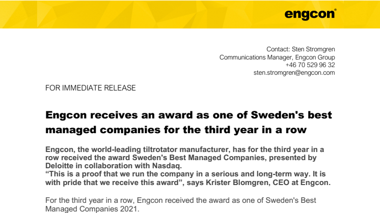 300921_Press_Engcon receives an award as one of Sweden's best managed companies for the third year in a row