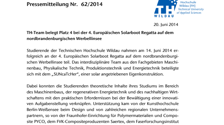 TH-Team belegt Platz 4 bei der 4. Europäischen Solarboot Regatta auf dem nordbrandenburgischen Werbellinsee