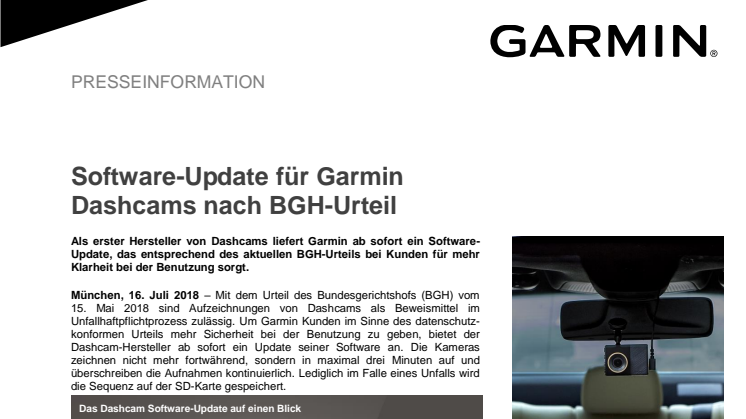 Software-Update für Garmin Dashcams nach BGH-Urteil 