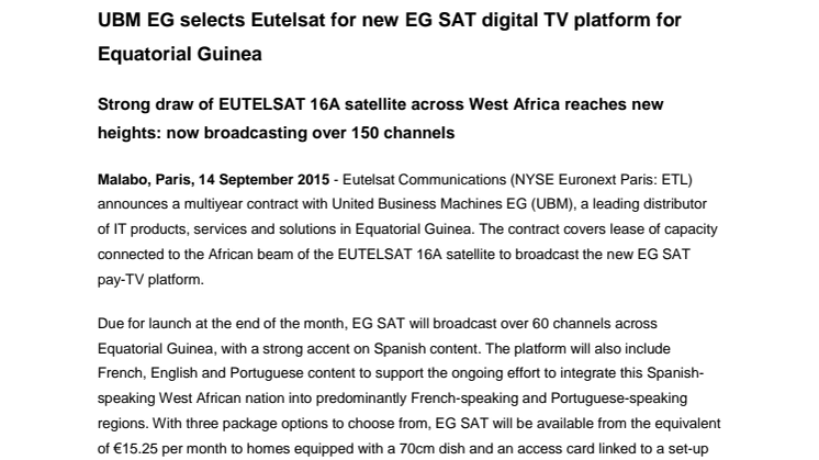 UBM EG selects Eutelsat for new EG SAT digital TV platform for Equatorial Guinea