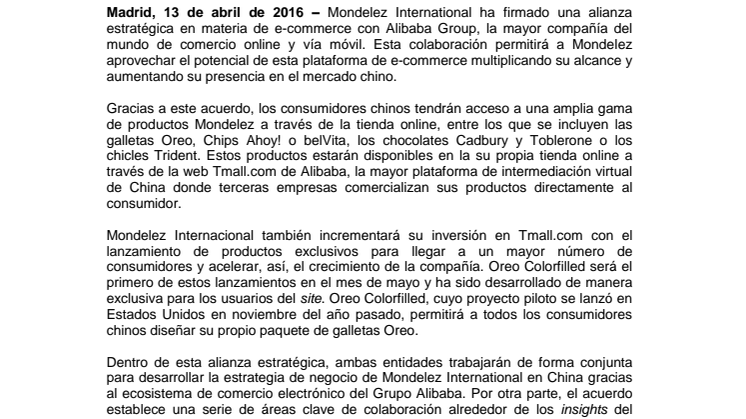 Mondelez International  presenta una alianza estratégica  para el desarrollo del comercio electrónico con Alibaba Group 
