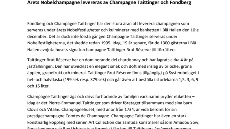 Årets Nobelchampagne levereras av Champagne Taittinger och Fondberg 