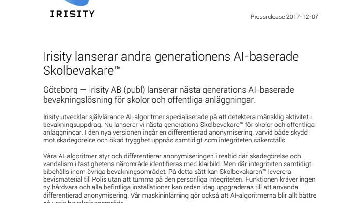 Irisity lanserar andra generationens AI-baserade Skolbevakare™
