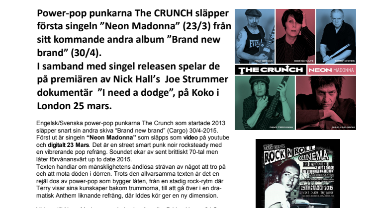 Power-pop punkarna The CRUNCH släpper första singeln ”Neon Madonna”  IDAG