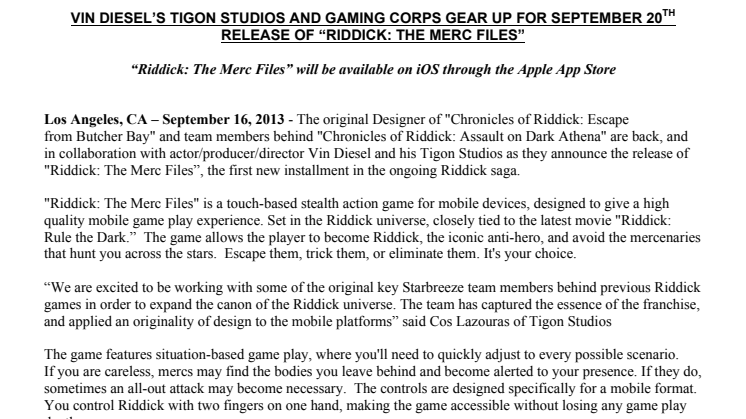 “Riddick: The Merc Files” will be available on iOS through the Apple App Store