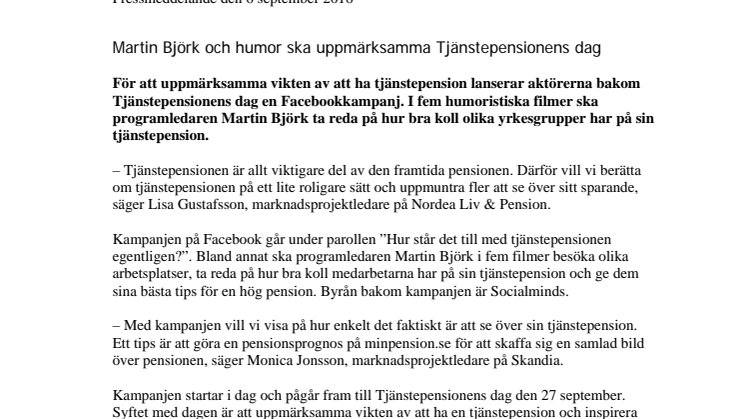 Martin Björk och humor ska uppmärksamma Tjänstepensionens dag