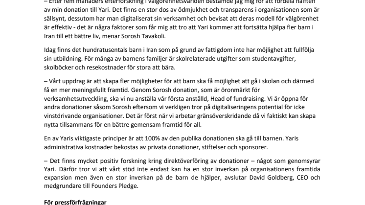 Organisationen Yari först i Sverige med donation från stiftelsen Founders Pledge