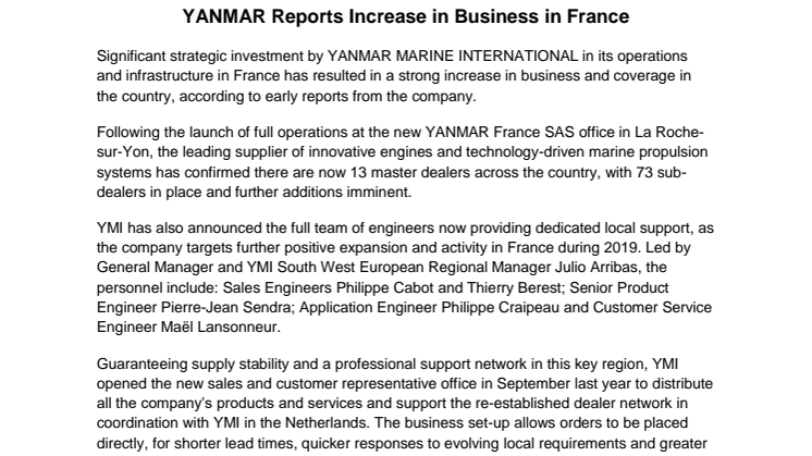 YANMAR Reports Increase in Business in France
