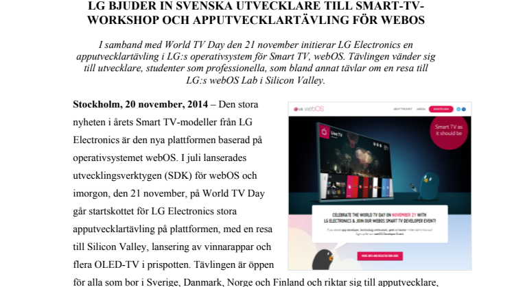 LG BJUDER IN SVENSKA UTVECKLARE TILL SMART-TV-WORKSHOP OCH APPUTVECKLARTÄVLING FÖR WEBOS