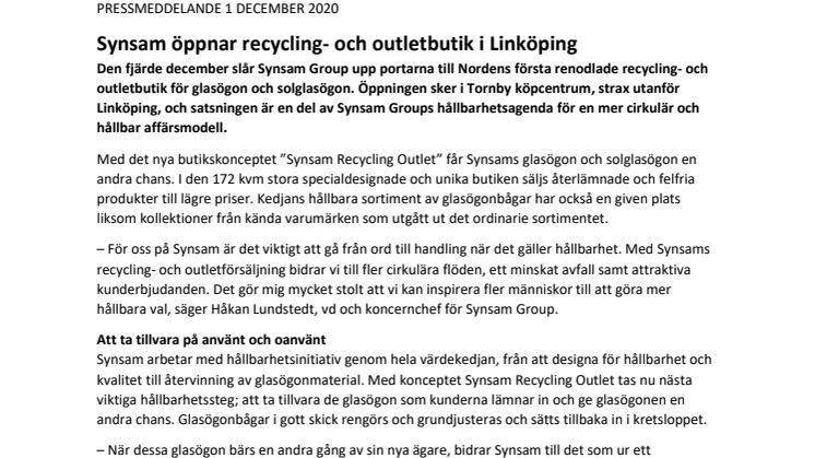 Synsam öppnar recycling- och outletbutik i Linköping