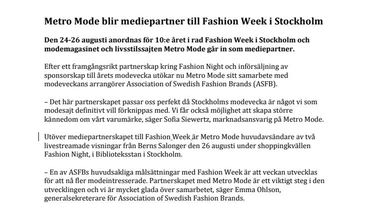 Metro Mode blir mediepartner till Fashion Week i Stockholm 