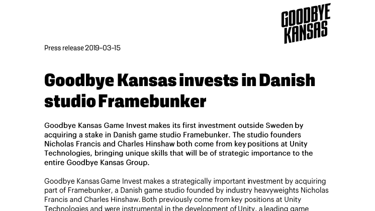 Goodbye Kansas invests in Danish studio Framebunker