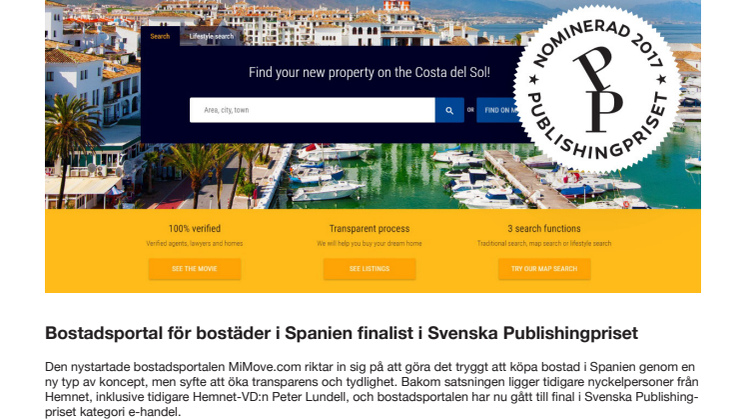 Bostadsportal för bostäder i Spanien finalist i Svenska Publishingpriset