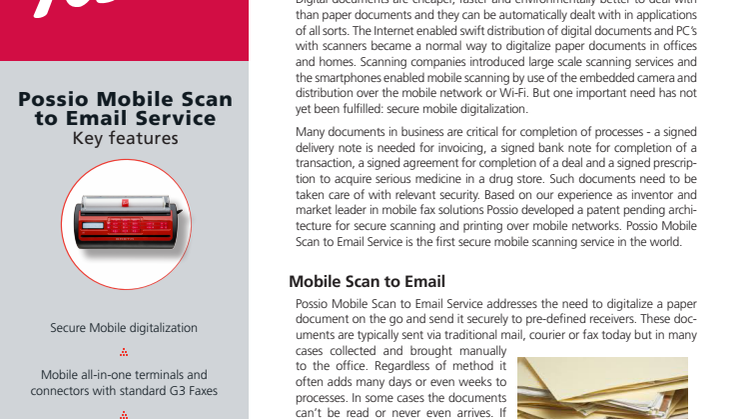 Possio identifies Secure Mobile Digitalization as major source for business process efficiency - launch Possio Mobile Scan to Email Service