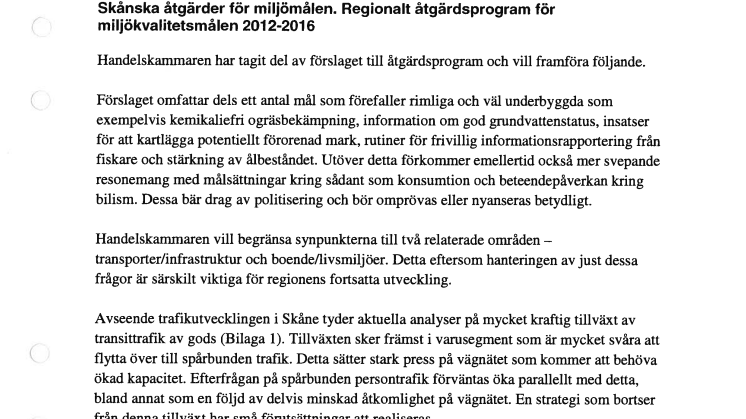 Yttrande till Länsstyrelsen i Skåne om åtgärder för miljömålen 2012-2016