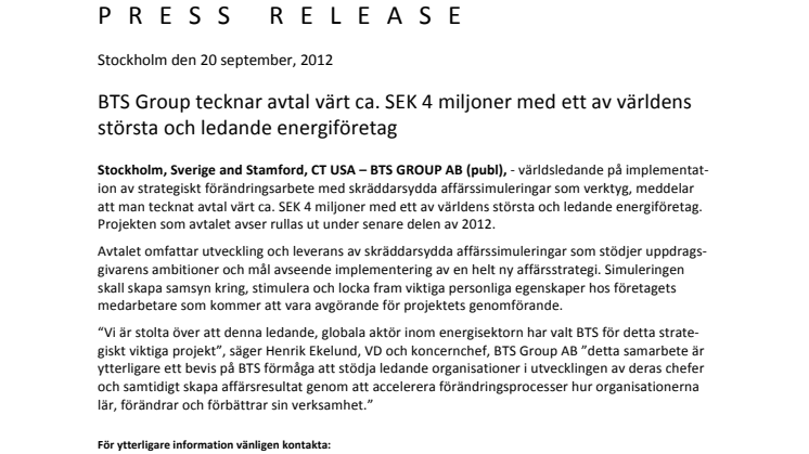 BTS Group tecknar avtal värt ca. SEK 4 miljoner med ett av världens största och ledande energiföretag