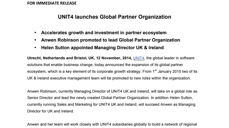UNIT4 lanserar global partnerorganisation och tillsätter nya chefer