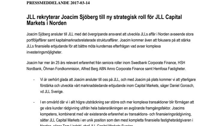 JLL rekryterar Joacim Sjöberg till ny strategisk roll för JLL Capital Markets i Norden