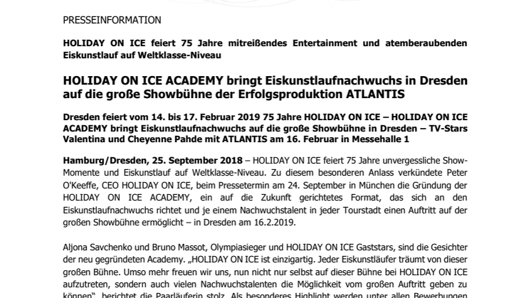 HOLIDAY ON ICE ACADEMY bringt Eiskunstlaufnachwuchs in Dresden auf die große Showbühne der Erfolgsproduktion ATLANTIS