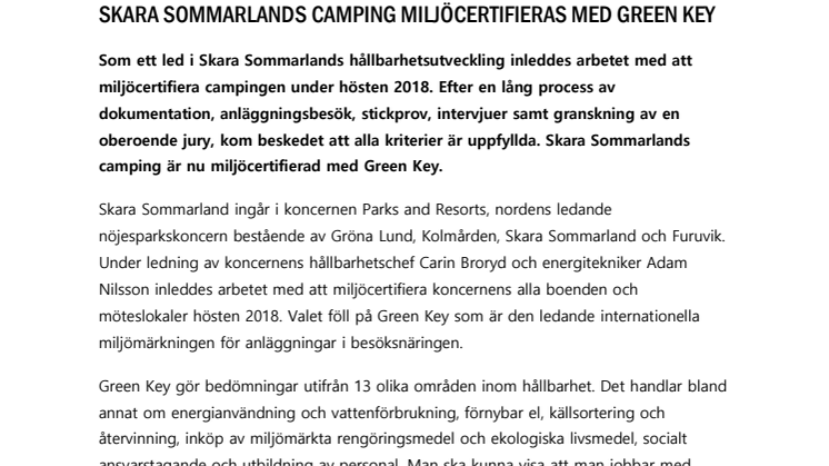 Skara Sommarlands camping miljöcertifieras med Green Key
