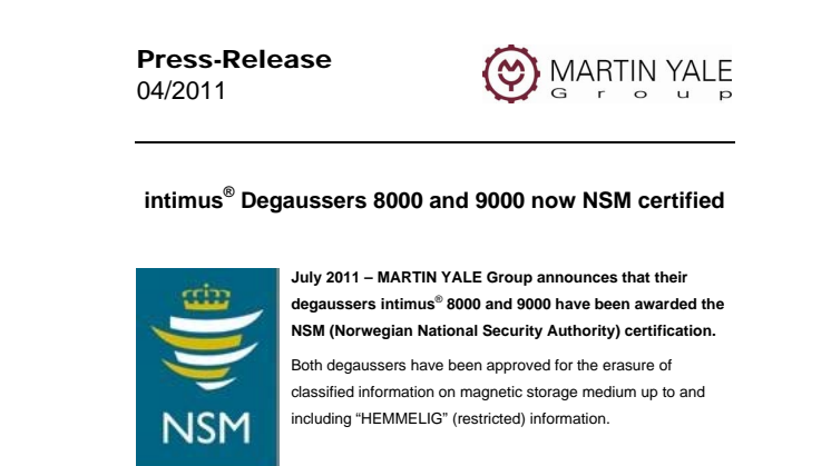 intimus® Degaussers 8000 and 9000 now NSM certified