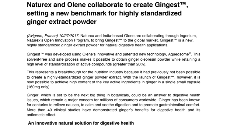 PRESS RELEASE: Naturex and Olene collaborate to create Gingest™, setting a new benchmark for highly standardized ginger extract powder
