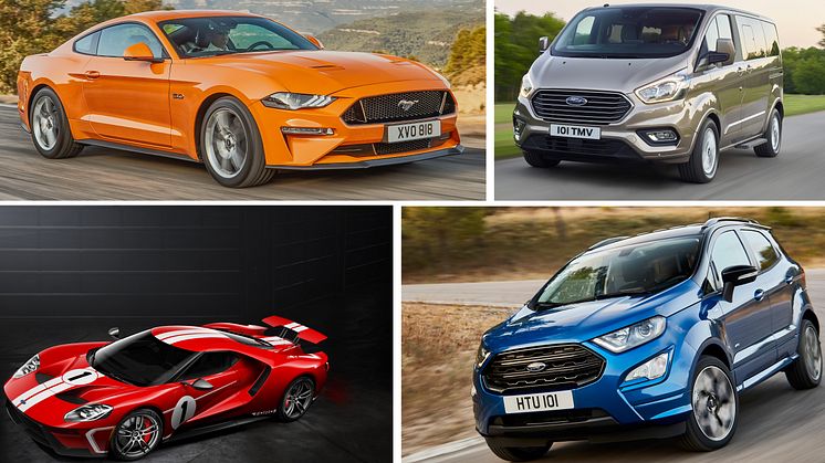 FORDS STJERNER: Her er noen av Fords stjerner på den internasjonale bilmessen i Frankfurt: Nye Ford Mustang, den nye lukuriøse ni-seteren Tourneo Custom, en spesialutgave av supersportsbilen Ford GT og nye Ford EcoSport.