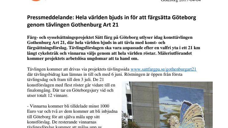 Hela världen bjuds in för att färgsätta Göteborg genom tävlingen Gothenburg Art 21
