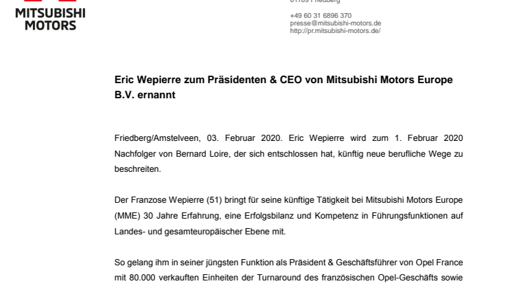 Eric Wepierre zum Präsidenten & CEO von Mitsubishi Motors Europe B.V. ernannt