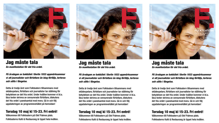 Jag måste tala – En Manifestation för Det fria ordet på Folkteatern Göteborg 10 maj!