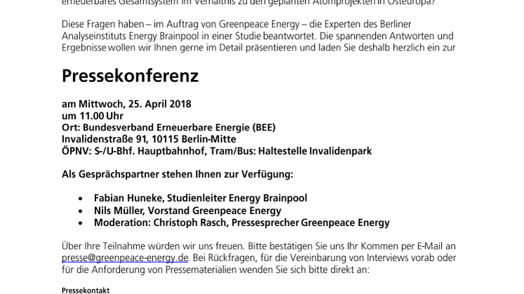 (REMINDER) Einladung zur Pressekonferenz am 25.4. / Neue Studie: Geplante Atomkraftwerke in Osteuropa versus erneuerbare Alternativen – ein Kostenvergleich