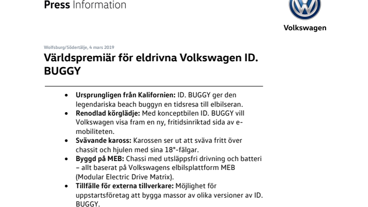 Världspremiär för eldrivna Volkswagen ID. BUGGY