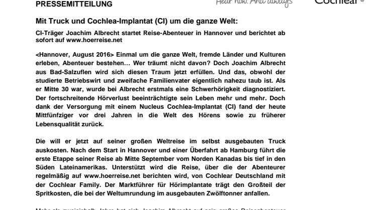Mit Truck und Cochlea-Implantat (CI) um die ganze Welt: CI-Träger Joachim Albrecht startet Reise-Abenteuer in Hannover