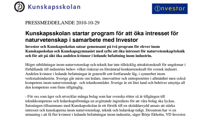 Kunskapsskolan startar program för att öka intresset för naturvetenskap i samarbete med Investor