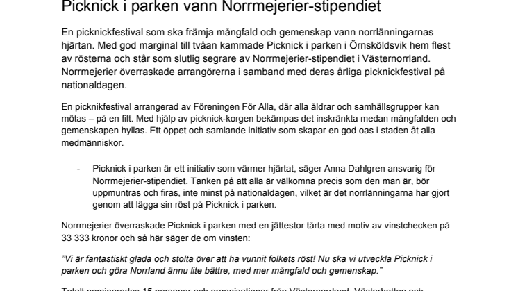 Picknick i parken vann Norrmejerier-stipendiet i Västernorrland