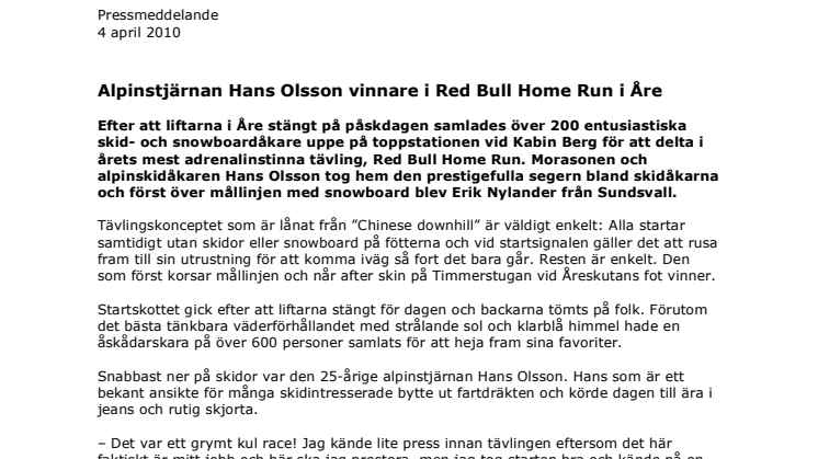 Alpinstjärnan Hans Olsson vinnare i Red Bull Home Run i Åre
