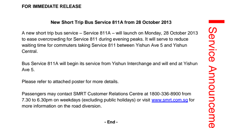 New Short Trip Bus Service 811A from 28 October 2013