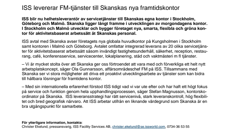 ISS levererar FM-tjänster till Skanskas nya framtidskontor