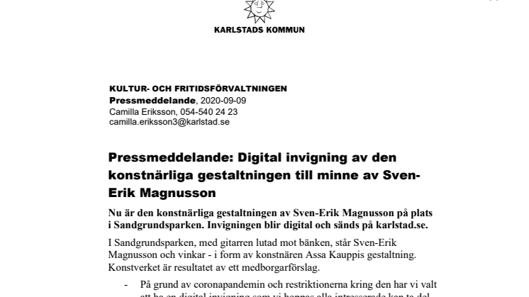 ​Pressmeddelande: Digital invigning av den konstnärliga gestaltningen till minne av Sven-Erik Magnusson